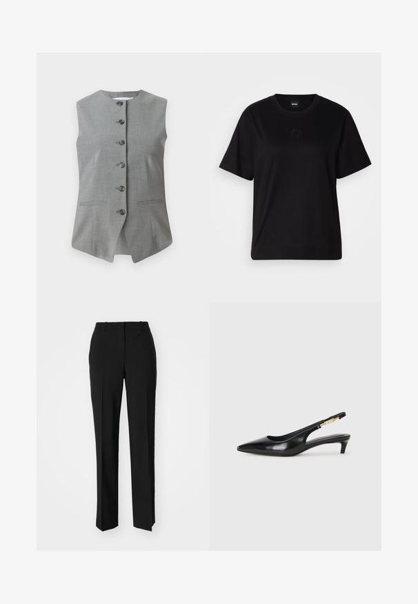 Hall tülikumäe ilma varrukateta, ümmarguse kaelusega, eesnuppudega kinnitamine ja kaks külg-taskut. Valmistatud tekstureeritud kangast ja kohandatud lõikega.; Mustmust särk, millel on ümar kaelus, lühikesed varrukad ja tindiga tikitud logo rinnal. Lihtne, mugav lõige ilma mustriteta.; Mustad ja sirged püksid, millel on sile tekstuur ja teravad voldid esiosas. Ilma nähtavate detailideta.; Mustad nahast slingback kontsad terava ninaga, millel on õhuke konts ja kuldse tooni aktsent reguleeritaval rihmal. Sile tekstuur.