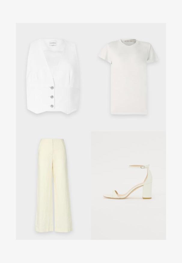 Biela bezrukávová blúzka s hlbokým V-výstrihom, s prispôsobeným strihom a troma striebornými gombíkmi na prednej strane. Hladká, ľahká tkanina.; Biely krátky rukáv tričko vyrobené z bavlny, s okrúhlym výstrihom a jednoduchým strihom. Nálepky ukazujú "DESIGNERS REMIX" vo vnútri goliera.; Faithfull the brand LULEA PANT - Nohavice - white; Biele kožené sandále na blokovom podpätku s remienkom okolo členku a minimalistickým dizajnom. Otvorená špička a hladké textúry po celom povrchu.