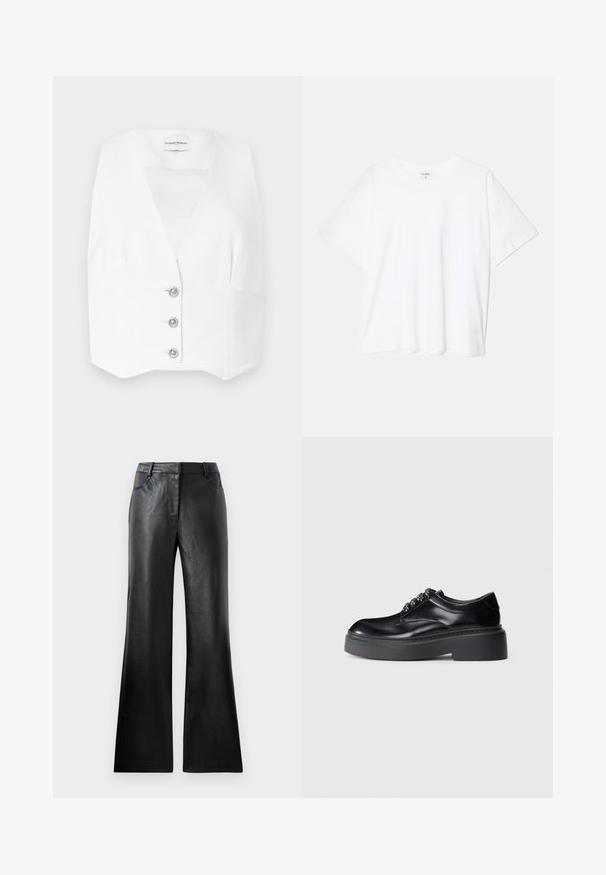 Vit ärmlös topp med en djup V-halsringning, som har en skräddarsydd passform och tre silverknappar framtill. Slät, lättviktig tyg.; Vit bomull t-shirt med kort ärm, rund halsringning, avslappnad passform och söm i nederkant. Etikett synlig på insidan av halsen.; Svarta läderbyxor med utsvängd nederdel och en slät textur, med två framfickor med svarta och bruna accenter nära midjan.; Svarta läderskor med rundad tå, tjock plattformssula och dekorativ snörning. Slät yta och kontrasterande sömmar synliga.