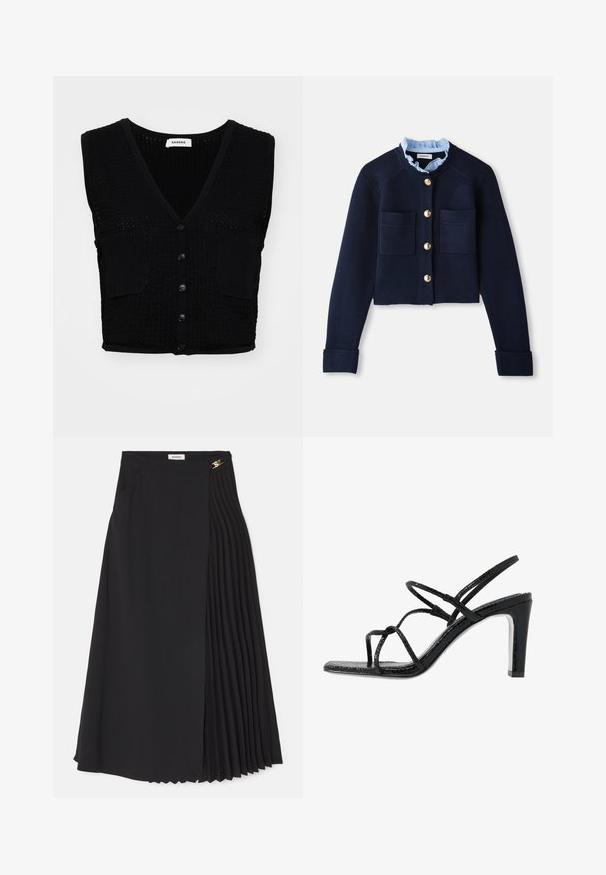 Fekete kötött ujjatlan mellény V-nyakkal, texturált mintázattal, két elülső zsebbel és öt fekete gombbal az elején.; Sötétkék cropped kardigán, két elülső zsebbel, arany gombokkal és világoskék, fodros gallérral. Bordás textúrájú anyagból készült.; Szürke kötött rövid ujjú kardigán, kábelmintával, denevérszárnyú gallérral és öt arany gombbal az elején.; Fekete midi szoknya, amelynek egyik oldala pliszézett, könnyű anyagból készült, rejtett cipzárral és oldalsó zsebekkel.; Fekete magassarkú szandál vékony pántokkal, texturált felsőrésszel, nyitott orral és karcsú, hegyes sarkú kialakítással. Simább talpbélével és fényes felületével rendelkezik.