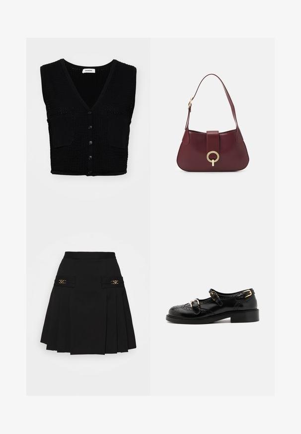 Schwarze gestrickte ärmellose Weste mit V-Ausschnitt, die ein strukturiertes Muster, zwei Vorderentaschen und fünf schwarze Knöpfe in der Mitte aufweist.; Schwarzes Langarmoberteil aus strukturiertem Stoff mit gerafftem Saum und weißen Rüschendetails am Kragen und an den Ärmeln. Verfügt über einen zentralen Schlaufenverschluss.; Schwarzer gefalteter Rock mit goldenen Hardware-Details. Verfügt über Seitentaschen mit Logo-Details und ist aus glattem Material gefertigt. A-Linien-Silhouette.; Schwarze Lederschuhe mit Broguedetails, ausgestattet mit zwei Schnallenriemen, einer abgerundeten Zehenpartie und einem flachen Absatz. Glatte Textur mit glänzendem Finish.; Burgunderfarbene Lederhandtasche mit geschwungener Form, einem goldenen, runden Hardware-Akzent und einem einzigen Schultergurt. Glatte Textur, minimalistisches Design.