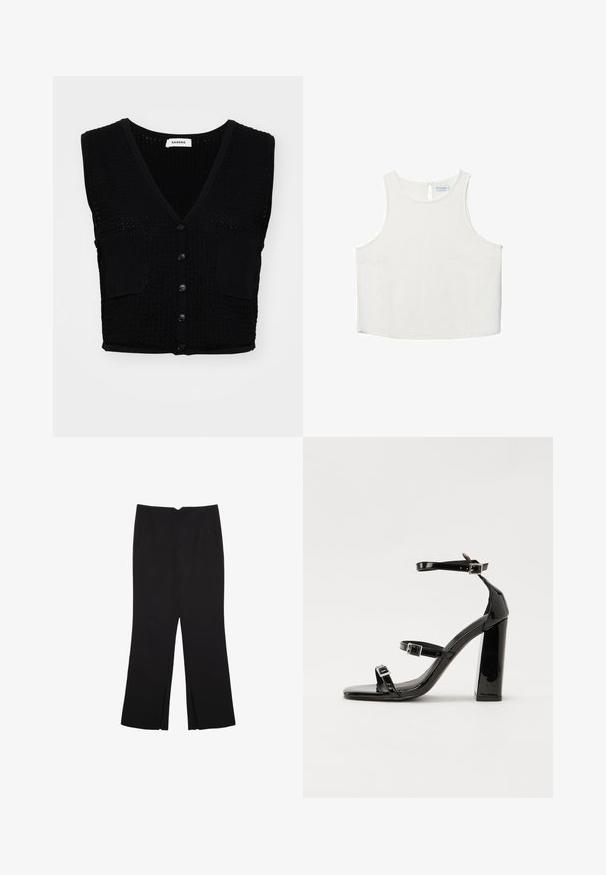 Mustassa neulotussa hihattomassa liivissä on v-pääntie, teksturoitu pinta, kaksi etutaskua ja viisi mustaa nappia keskellä.; Valkoinen hihaton paita, jossa on pyöreä pääntie, hienovarainen tekstuuri, avaustakki ja suora helma.; Mustat housut suoralinjaisella leikkauksella, joissa on etutaskut ja sivurei'ät helman alla. Valmistettu pehmeästä ja sileästä kankaasta. Sopii eri tilaisuuksiin.; Musta kiiltäväpintainen korkokengät, joissa on kaksi solkikiinnitystä, neliönmuotoinen kärki ja paksu korko, sileällä, kiiltävällä pintarakenteella.