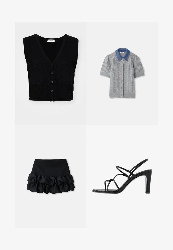 Melnā adīta bez piedurknēm veste ar V-veida kaklu, kurai ir teksturēts raksts, divas priekšējās kabatas un piecas melnas pogas vidū.; Pelēks adīts īsām piedurknēm kardigans ar stīgas rakstu, ar džinsa apkakli un pieciem zelta pogām priekšpusē.; Melnā mini svārki ar piegulīgu augšu un trim ruffles slāņiem apakšā, ar gludu tekstūru un tīrām līnijām.; Melnas papēžu siksniņas ar plānām siksnām, teksturētu apdari, atvērtu purngalu un elegantu, smailu papēdi. Iezīmē gludu iekšējo daļu un spīguļojošu virsmu.