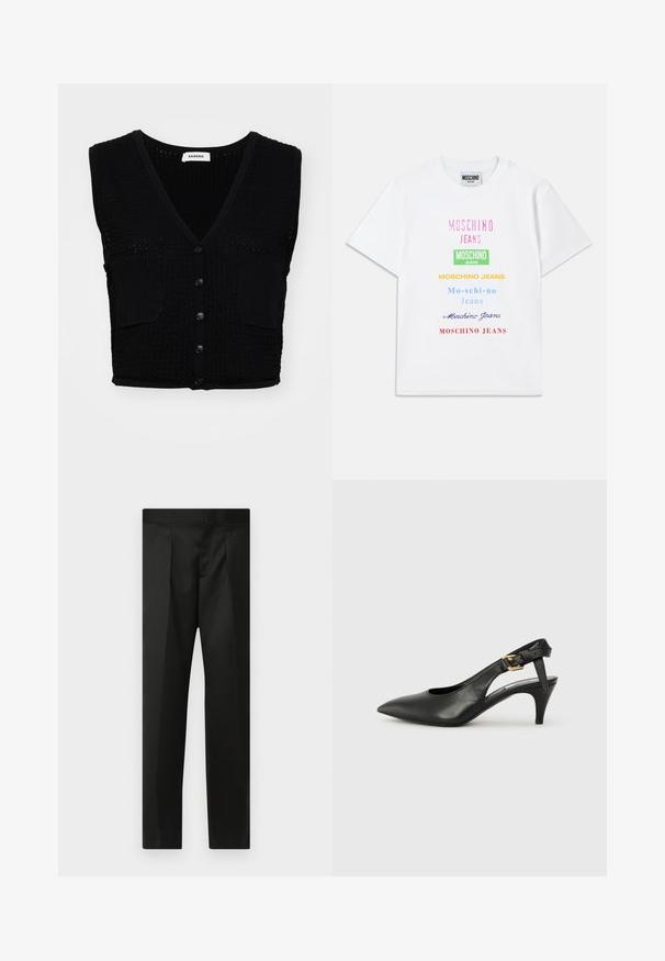 Mustassa neulotussa hihattomassa liivissä on v-pääntie, teksturoitu pinta, kaksi etutaskua ja viisi mustaa nappia keskellä.; Valkoinen puuvillapaita, jossa on useita tekstilogoja vaaleanpunaisena, vihreänä, keltana, sinisenä ja punaisena, järjestettyinä pystytasoon etuosassa.; Mustat housut, joissa on sileä kangas, räätälöity muotoilu, suorat lahkeet sekä litteä vyötärö ilman näkyviä kiinnityksiä tai taskuja.; Musta nahka slingback-korkokenkä, jossa on teräväkärkinen muoto, pieni korko ja solk yksityiskohta nilkkahihnassa. Tasainen pinta, minimalistinen muotoilu.