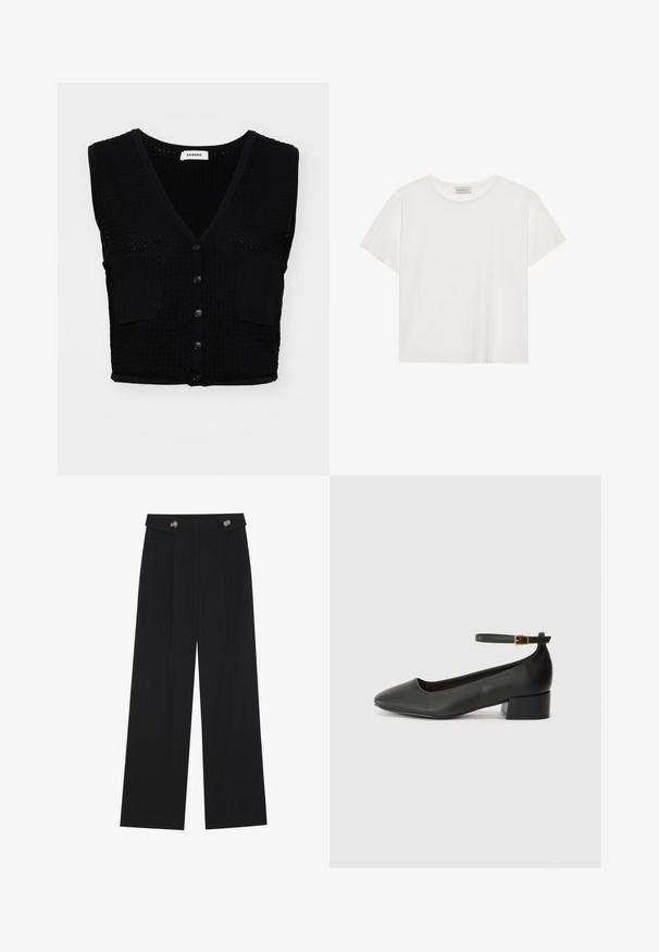 Černý pletený bezrukávový svetr s výstřihem do V, se strukturovaným vzorem, dvěma předními kapsami a pěti černými knoflíky uprostřed.; Bílé tričko s krátkým rukávem vyrobené z měkké bavlny. Má kulatý výstřih a volný střih. Čistý design bez viditelných vzorů nebo akcentů.; Černé široké kalhoty s vysokým pasem, detailní knoflíky na pase a přední záhyby.; Černé kožené lodičky s špičatou špičkou a nízkým blokovým podpatkem. Obsahují pásek kolem kotníku se zlatou sponou. Hladký povrch.