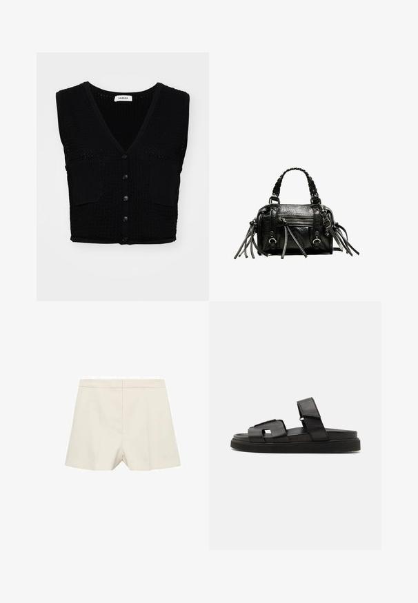 Schwarze gestrickte ärmellose Weste mit V-Ausschnitt, die ein strukturiertes Muster, zwei Vorderentaschen und fünf schwarze Knöpfe in der Mitte aufweist.; Asymmetrisches cremefarbenes Oberteil mit einem einzigen Träger. Mit schwarz floralem Stickerei auf der Schulter. Glatte Stoffqualität mit taillierter Passform.; Cremfarbene Shorts mit einer maßgeschneiderten Passform, die eine glatte Textur, eine flache Vorderseite und subtile Falten aufweisen. Schlichtes Design ohne Verzierungen.; Schwarze Leder-Sandalen mit flachen Sohlen, breiten Riemen und einem quadratischen Ausschnitt. Texturierte und glatte Oberflächen. ; Schwarze Lederhandtasche mit geflochtenen Tragegriffen, texturiertem Oberflächen, einem Reißverschluss-Frontfach und dekorativen Fransenakzenten. Kompakte und strukturierte Form.