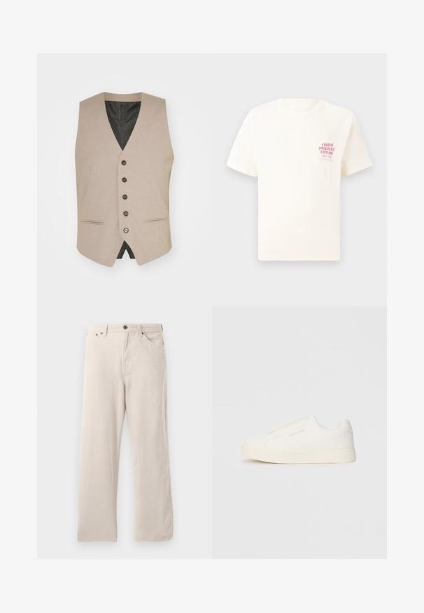 Bež vest, mis on valmistatud kootud kangast, V-kaelusega, kuue musta nupuga, küljetaskutega ja musta sisekattega.; Valge lühikeste varrukatega T-särk, millel on vasakul rinnal punane tekst "Studio Originals Edition", esitatud neutraalsel hallil taustal.; Bežist korduroopüksid sirge lõikega, ribakujulise tekstuuriga, viie tasku disainiga ja nööpidega sulgemisega.; Valged libisemiskindlad tossud tekstuuriga pinnaga, paksu tallaga ja minimalistikus disainis. Küljel on brändi logo.