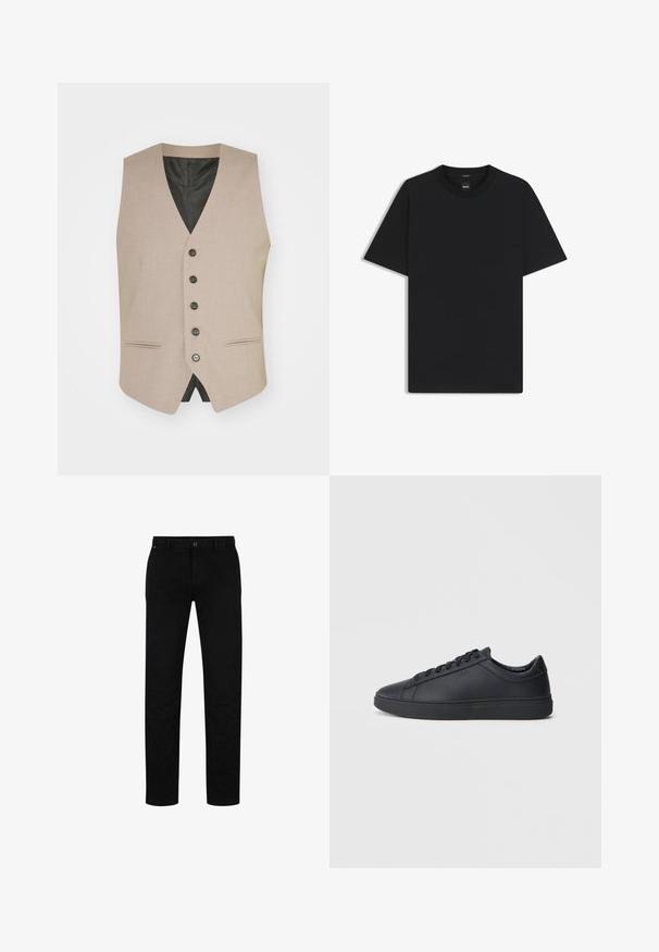 Beżowa kamizelka wykonana z tkaniny tkanej, z dekoltem w serek, sześcioma czarnymi guzikami, bocznymi kieszeniami i czarną podszewką.; Czarny t-shirt krótki rękaw wykonany z gładkiej mieszanki bawełny, z okrągłym dekoltem i minimalistycznym designem bez wzorów czy akcentów.; Czarne bawełniane spodnie o prostym kroju, z zapięciem na guziki, paskami do paska oraz minimalistycznym wzornictwem. Gładka tekstura, bez wzorów.; Czarne trampki wykonane z gładkiej skóry, w niskim kroju, z okrągłym noskiem i płaską gumową podeszwą. Posiadają sznurówki oraz dyskretną markę.