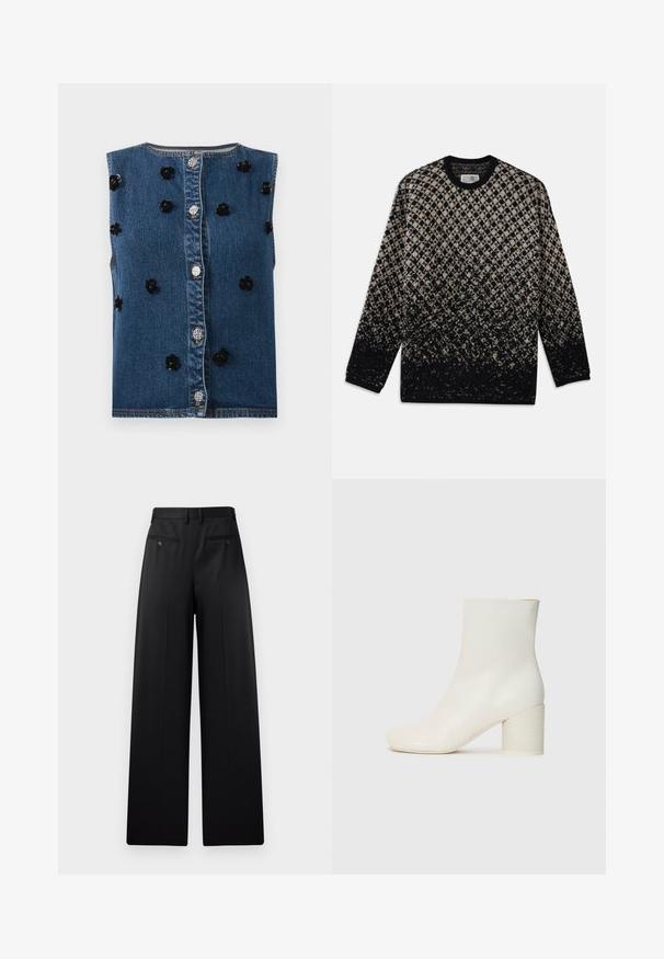 Farmerdzseki ujjatlan mellény elöl gombos záródással. Fekete virágos applikációkkal és kontrasztos fémrészekkel a kék anyagon.; Kötött pulóver bézs és fekete gyémántmintával, fokozatos színátmenettel. Kerek nyakkivágás és hosszú ujjú. Puha tapintású.; Fekete, bő szárú nadrág, lapos elülső résszel, két gombos hátsó zsebbel és sima textúrával. Igazított fazon, egyenes szabású.; Fehér bőr bokacsizma lekerekített orral és vastag hengeres sarkal. Simafejű textúra, minimalista design, látható fémrészek vagy minták nélkül.