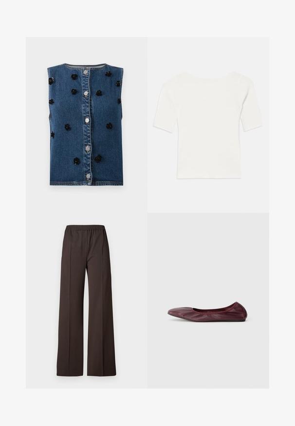 Jeans prsluk bez rukava s prednjim kopčanjem na gumbe. Ima crne cvjetne aplikacije i kontrastne dijelove na plavom materijalu.; Bijeli rebrasti kratki rukav s širokim izrezom. Tekstura sadrži vertikalne pruge, naglašavajući uski kroj i jednostavan dizajn.; Široke hlače od tamnosmeđe tkanine s elastičnom trakom u struku, s glatkom teksturom i urednim linijama za prilagođeni izgled.; Balerinke u tamnocrvenoj koži, s okruglim vrhom, elastičnom oko, i glatkom teksturom s suptilnim detaljima nabora.