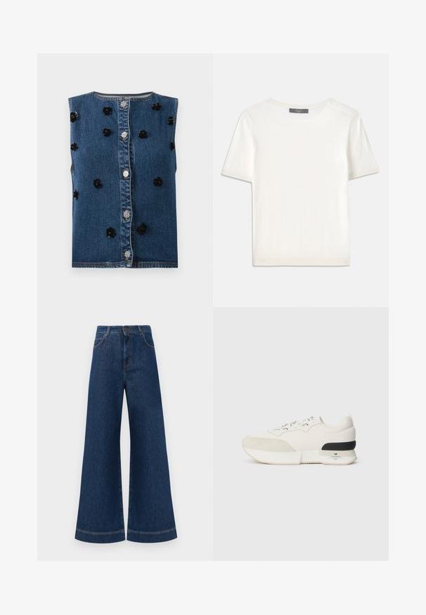 Colete de ganga sem mangas com fecho de botão na parte da frente. Apresenta aplicações florais pretas e ferragens contrastantes num tecido azul.; Top de malha branco, de mangas curtas, com decote redondo, apresentando uma textura suave e discretos realces canelados nas mangas e na barra.; Jeans azul de perna larga com cintura alta, apresentando um fecho de botão, passantes para cinto e detalhes de costura discretos ao longo dos bolsos e das bainhas.; Sneaker branco com biqueira em camurça texturizada, parte superior em malha lisa, atacadores decorativos e um detalhe na parte de trás em borracha preta.