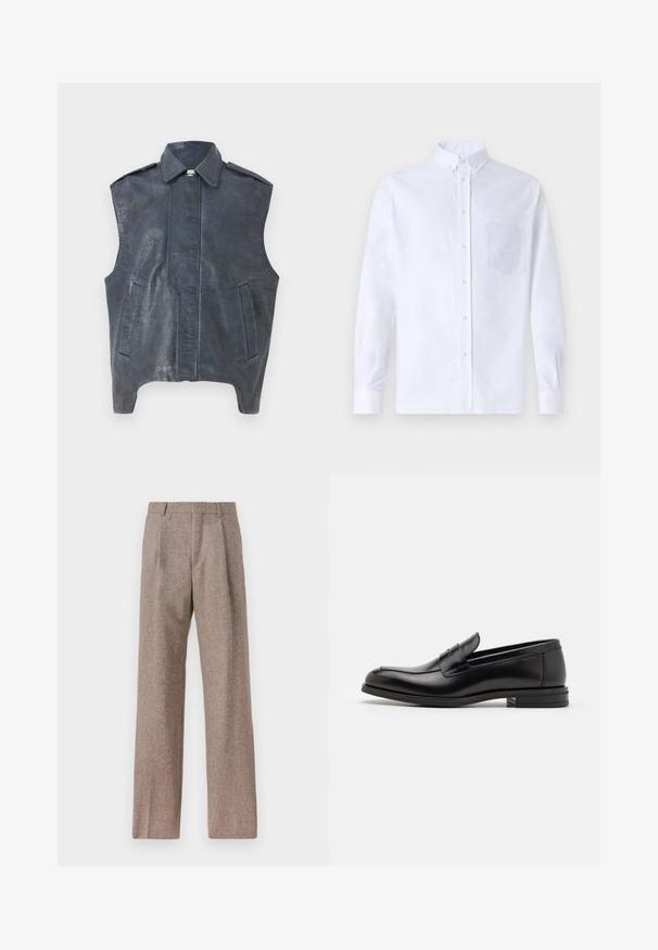 Colete sem mangas azul-escuro em pele, com um colarinho estruturado, costuras frontais e dois bolsos laterais. O detalhe texturizado na superfície adiciona interesse visual.; Camisa branca de botão de mangas longas feita de algodão, com um bolso no peito com bordado tonal, colarinho e punhos com botão.; Calças castanhas de cintura alta feitas de tecido texturado. Apresentam pernas largas e duas pregas frontais para estrutura. Acabamento cuidadoso sem hardware visível.; Mocassins de couro preto com uma textura suave, bico arredondado e uma faixa decorativa sobre o peito do pé. Salto baixo e empilhado, design minimalista.