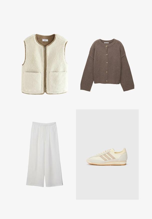 Kermainen tekoturkisliivi, jossa on vetoketjukiinnitys, pyöreä pääntie ja kaksi etutaskua. Reunat on viimeistelty kontrastivärillä, beigestä. Pehmeä pinta kauttaaltaan.; Ruskea neulottu villatakki, jossa on pyöreä kaula-aukko, pitkät hihat ja edessä nappikiinnitys, jossa on neljä beigen väristä nappia. Rakenteellinen kangas.; Valkoinen lyhythihainen T-paita, joka on tehty puuvillasta. Siinä on pyöreä kaula-aukko ja rento malli. Silkkinen pinta ilman näkyviä kuvioita tai koristeita.; Valkoiset leveälahkeiset housut, jotka on valmistettu kevyestä kankaasta. Niissä on joustava vyötärö ja nauha säädettävää istuvuutta varten. Sileä pinta.; Kerman urheilukengät, joissa on kolme beigeä raitaa, mokkanahkaa ja tekstiilimateriaaleja, kuvioitu pohja ja kohokuvioitu brändäys kantapäässä.