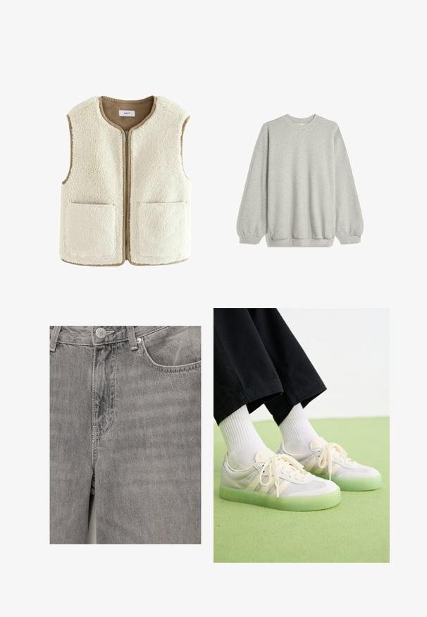 Cremefarvet faux fur vest med lynlås foran, rund hals og to forlommer. Kanter med en kontrasterende beige kant. Blød tekstur hele vejen igennem.; Grå sweatshirt lavet af blødt stof, med rund hals, lange ærmer med elastiske manchetter og en afslappet pasform. Ingen mønstre eller accenter.; Grå denimjeans med en glat tekstur, der har en frontknap og lynlås lukning, sidelommer og subtile syninger.; Lysfarvede sneakers med overdel i ruskind og mesh, der har tre sidelabel, flade snørebånd og en gennemsigtig grøn gummisål.