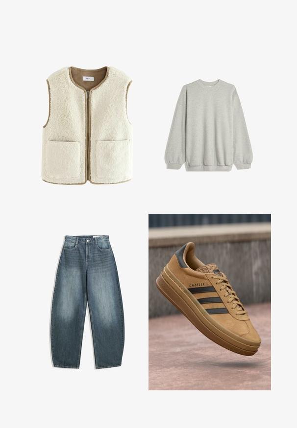 Kremast umetno krzno brezrokavnik z zadrgo spredaj, okroglim ovratnikom in dvema sprednjima žepoma. Robovi imajo kontrastno bež obrobo. Mehka tekstura po celotni površini.; Siv sweatshirt iz mehkega blaga, z okroglim izrezom, dolgimi rokavi z elastičnimi manšetami in sproščenim krojem. Brez vzorcev ali dodatkov.; Svijetloplavi traper široke nogavice hlače imaju visok struk, pet džepova, suptilno izbljeđivanje i naglašene šavove.; Svetlo rjave semiš teniske z gladko teksturo, ki imajo tri temne črte, zaobljen nos in debelejši podplat s vzorčastim robom.