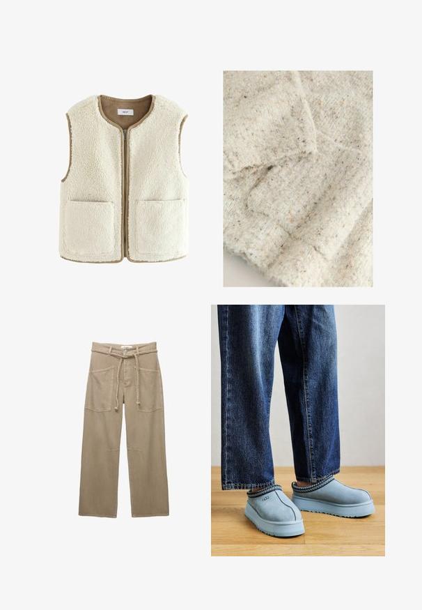 Cream faux fur vest with a zip front, round neck, and two front pockets. Edges feature a contrasting beige trim. Soft texture throughout.; Light gray knit fabric with a soft, textured surface, featuring flecks of tan and darker brown throughout. Subtle ribbed detailing.; Beige wide-leg pants made of durable fabric, featuring large front pockets, a braided belt, and subtle stitching details.; Blue suede slip-on UGG shoes with thick soles worn with blue jeans on a wooden floor against a plain background.