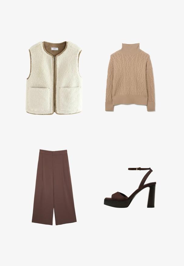 Cremfarbener Kunstpelz-Weste mit einem Reißverschluss vorne, rundem Hals und zwei Fronttaschen. Die Ränder sind mit einem kontrastierenden beigen Besatz versehen. Weiche Textur über die gesamte Weste.; Beige gestrickter Pullover mit hohem Rollkragen. Verfügt über ein strukturiertes Kabelmuster sowie gerippte Bündchen und Saum. Aus weichem, dickem Stoff.; Braune Weite-Leg-Hosen mit einer glatten Textur, hoher Taille und Vorderfalten. Der Stoff ist leicht und fällt locker.; Braune Wildleder-Pumps mit offenem Zeh, verstellbarem Knöchelriemen und gestreiftem Plateausohlen.