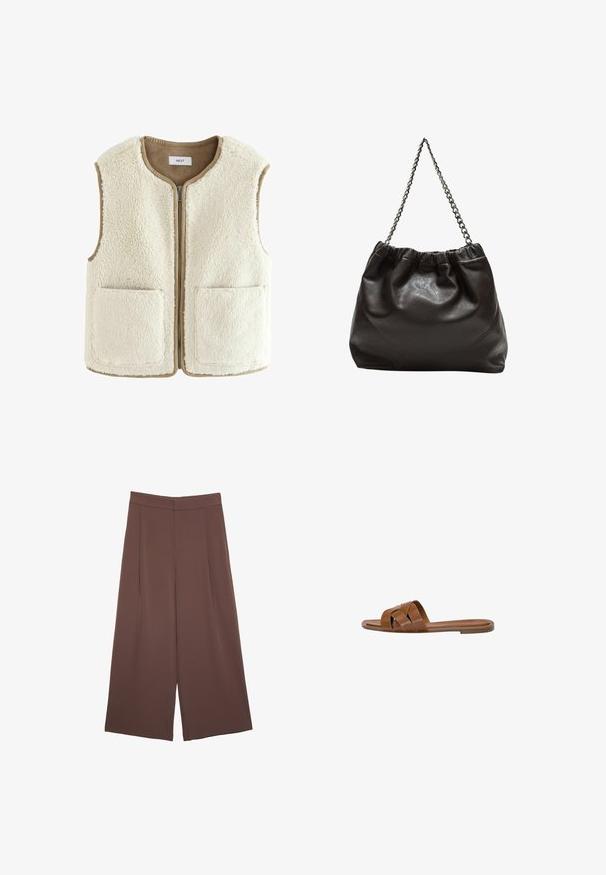 Gilet in pelliccia ecologica color crema con chiusura a zip, collo rotondo e due tasche anteriori. I bordi presentano un bordo beige a contrasto. Morbido al tatto.; Maglietta a maniche corte marrone realizzata in tessuto morbido, con scollatura rotonda e vestibilità rilassata. Nessun motivo o dettaglio visibile.; Pantaloni ampi marroni con una texture liscia, caratterizzati da una vita alta e pieghe frontali. Il tessuto è leggero e scorre liberamente.; Sandalo in pelle marrone con fasce incrociate, suola piatta e una texture liscia. Design semplice senza decorazioni o motivi.; Borsa in pelle marrone con parte superiore arricciata e tracolla a catena. Texture liscia con finitura lucida e dettagli di cucitura sottili sui lati.