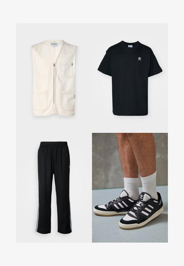 Beige ujjatlan mellény, amely pamutból készült, elöl cipzárral, két nagy elülső zsebbel és egy kis címkével a jobb alsó oldalon.; Fekete pamut póló kerek nyakkal és rövid ujjal, bal melle részen egy kis fehér Adidas logóval.; Fekete sportnadrág rugalmas derékrésszel, fehér oldalsávokkal és egy kis logóval. Az anyaga lágy és könnyűnek tűnik.; Fekete-fehér tornacipők velúr és bőr felsőrésszel, három fehér csíkkal, perforált orral és gumi talppal.