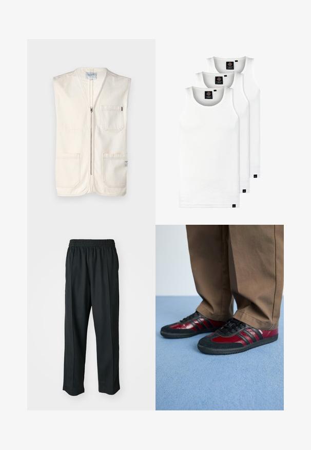 Beige sleeveless vest made of cotton, featuring a front zipper, two large front pockets, and a small label on the lower right side.; Three white ribbed tank tops made of cotton. Features a crew neck and small black labels near the hem. Available in multiple sizes.; Black athletic pants with an elastic waistband, made of smooth fabric, featuring subtle side stitching and a relaxed fit, straight leg design.; Black and burgundy athletic shoes with leather and suede materials, featuring black laces and three black stripes on the side. Rubber sole.