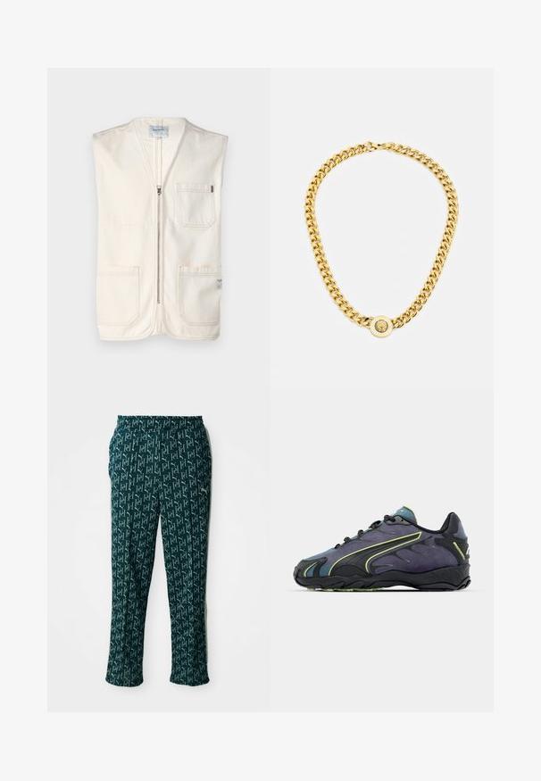 Bežs bezpiedurkņu veste, kas izgatavota no kokvilnas, ar priekšējo rāvējslēdzēju, divām lielām priekšējām kabatām un mazu etiķeti apakšējā labajā stūrī.; Trīs baltas ribotas krūšturi, kas izgatavoti no kokvilnas. Iezīmēti ar apaļu kakla izgriezumu un maziem melniem etiķetēm tuvu apakšmalai. Pieejami vairākos izmēros.; Zaļas bikses ar rakstainu dizainu, kas ārējā izskatā atkārto logo, ar elastīgu jostu un taisnu griezumu, izvietotas uz neitrāla fona.; Melnas un purpura sporta kurpes ar teksturētu virsmu, zaļām akcentu līnijām un gumijas zoli ar viļņotu rakstu. Šņores aizdare.; Zelta ķēdes kaklarota ar lielām savstarpēji savienotām saitēm, centrā ar apaļu piekari, kurā ir izcelts emblema.