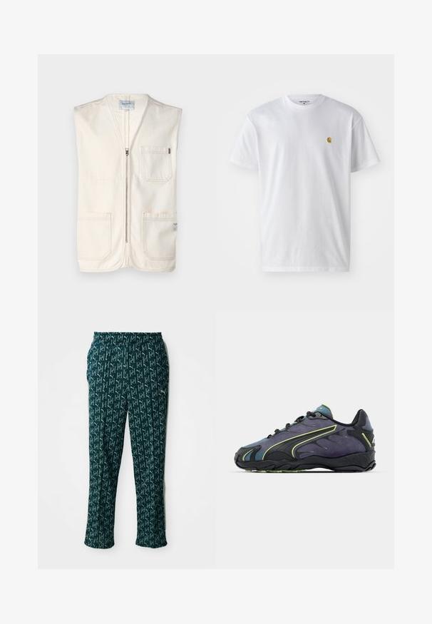 Beige-sateen ilmanhihaisia liivi, joka on valmistettu puuvillasta ja jossa on edessä vetoketju, kaksi suurta etutaskua ja pieni etiketti oikeassa alakulmassa.; Valkoinen puuvillapaita lyhyillä hihoilla, pyöreä kaula-aukko, jossa on pieni kultainen logo vasemmassa rintapielessä. Pehmeä kangas ja normaali istuvuus.; Vihreät kuvioidut housut, joissa on toistuva logomuotoilu, elastinen vyötärö ja suora leikkaus, esiteltynä neutraalilla taustalla.; Mustat ja violetit urheilukengät, joissa on teksturoitu päällinen, vihreät korostusviivat ja kumipohja, jossa on aaltoileva muotoilu. Naruilla suljettava.