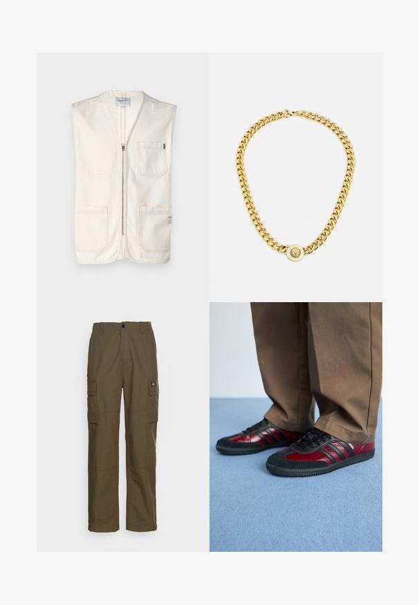 Beige ärmlös väst i bomull, med frontdragkedja, två stora framfickor och en liten etikett på nedersta högra sidan.; Randig t-shirt i orange, lila, grön och beige färger. Har en broderad teal-logotyp med tre blad på bröstet. Material av bomull.; Cargo-byxor i olivgrönt, tillverkade av slitstarkt tyg. Har två sidofickor, en standardmidja och en rak bendesign.; Svarta och vinröda sportskor med läder- och mockamaterial, med svarta snören och tre svarta ränder på sidan. Gummisula.; Guldhalsband med stora sammanlänkade kedjor, med en cirkulär hängare i mitten som har en upphöjd emblem.