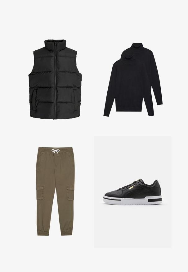 Schwarze Steppweste mit hohem Kragen, horizontal gestepptem Design, Frontreißverschluss und seitlichen Taschen; glattes, leichtes Material.; Zwei schwarze, langärmelige Rollkragenpullover, schlicht gestrickt, übereinander gestapelt, wobei einer leicht hinter dem anderen auf einem weißen Hintergrund liegt.; Khaki Cargo-Hosen mit elastischem Bund und Kordelzug, aus seitlichen Taschen und umgeschlagenen Knöcheln. Hergestellt aus einem strukturierten, leichten Material.; Schwarze Leder sneaker mit weißer Mittelsohle, perforierter Zehenpartie, goldfarbenem Logodetail, gepolstertem Kragen und kontrastierenden schwarzen Akzenten an der Seite.