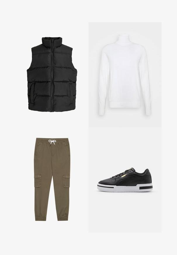 Čierna pérová vesta s vysokým golierom, horizontálne prešívaný dizajn, predný zips a bočné vrecká; hladká, ľahká tkanina.; Biely rolák s dlhými rukávmi, vyrobený z hladkej tkaniny. Má priliehavý strih a rebrované manžety a lem. Bez vzorov a akcentov.; Khaki cargo nohavice s elastickým pásom a šnúrkou, pričom majú bočné vrecká a zúžené členky. Vyrobené z textúrovaného, ľahkého materiálu.; Čierne kožené tenisky s bielou medzipodrážkou, perforovanou špičkou, zlatým logom, polstrovaným golierom a kontrastnými čiernymi akcentmi na boku.