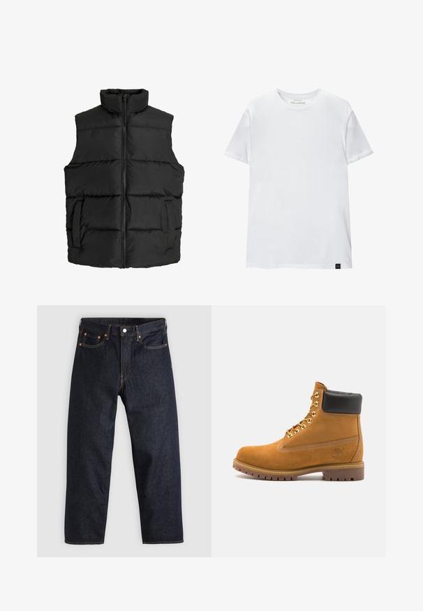 Sort puffer vest med høj krave, horisontalt kviltet design, frontlynlås og sidelommer; glat, letvægtsstof.; Hvid muskeltilpasset t-shirt lavet af bomuld. Rund hals, korte ærmer, glat tekstur. Lille sort logo-tag nederst. Enkelt design.; Mørkeblå denimjeans med lige pasform, fem lommer, kontrasterende orange syning og knaplukning. Ingen synlige mønstre eller udsmykninger.; Tan nubuck ankelstøvle med sort polstret krave, gyldne metaløjer, hvid syning detaljer og robust gummisål med udtalte slidbaner.