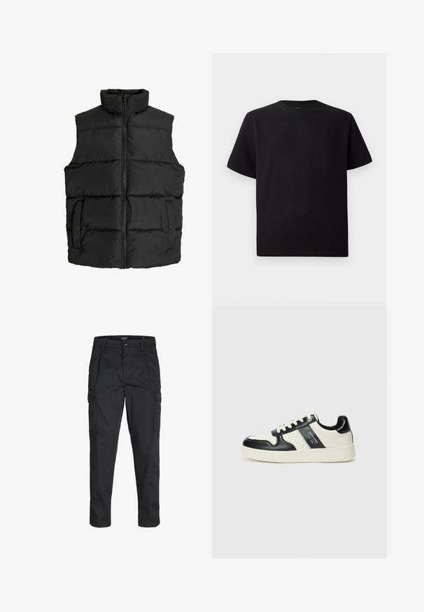 Sort puffer vest med høj krave, horisontalt kviltet design, frontlynlås og sidelommer; glat, letvægtsstof.; Sort kortærmet T-shirt lavet af tekstureret stof, med rund halsudskæring og en afslappet pasform. Enkel, uden mønstre eller accenter.; Sorte cargo-bukser lavet af slidstærkt stof, der har flere lommer, en knaplukning og et slim fit design med smalle ben.; Lædersneakers i sort og creme farveskema, med perforerede detaljer, en polstret krave og en struktureret ydersål.