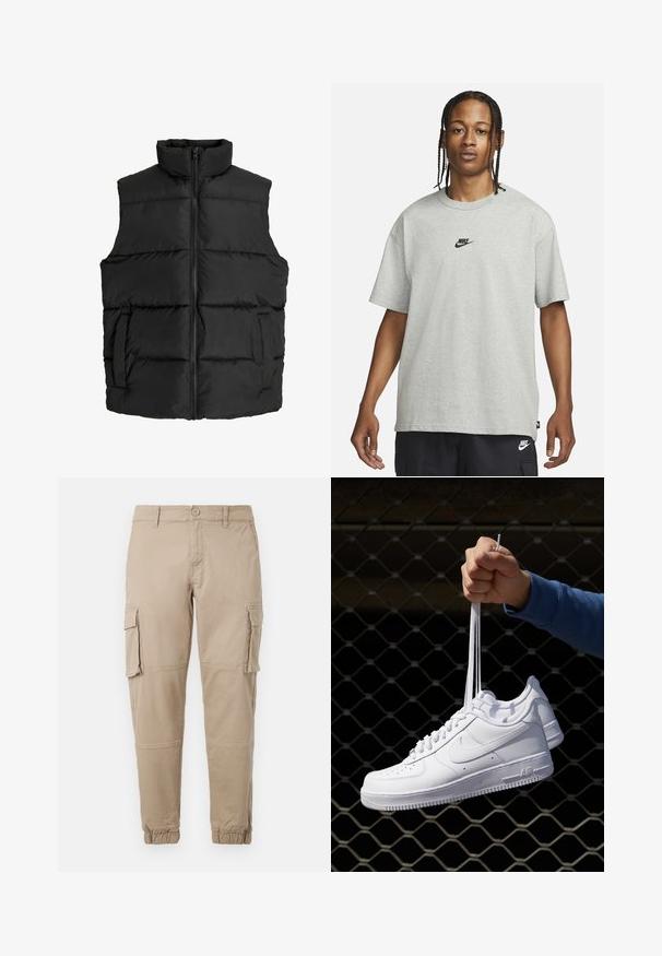 Chaleco de plumas negro con cuello alto, diseño acolchado horizontal, cremallera delantera y bolsillos laterales; tejido suave y ligero.; Joven con cabello trenzado que lleva una camiseta Nike gris claro y pantalones cortos Nike negros frente a un fondo blanco liso.; Pantalones cargo beige de un material de algodón ligero. Presenta puños elásticos, múltiples bolsillos laterales y un cierre de botón.; Zapatillas de cuero blanco con perforaciones, punta redonda, suela plana y cordones gruesos, con un logo de swoosh visible y "AIR" en el talón.