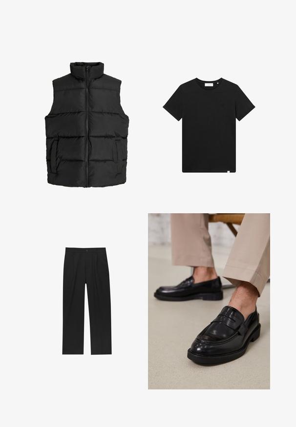 Fekete puffervest magas gallérral, vízszintes steppelésű dizájnnal, elülső cipzárral és oldalsó zsebekkel; sima, könnyű anyag.; Fekete rövid ujjú pamut póló, kerek nyakkal és egy kis géppel hímzett logóval a mellrészen. Sima tapintás, szabványos illeszkedés.; Fekete nadrág egyenes szárú kialakítással, sima anyagból készült. Elöl redők és egy gombos záródás található a derékon.; Fekete bőr loaferek sima felülettel, díszítő pánttal és kontrasztos varrással, bézs nadrággal párosítva.