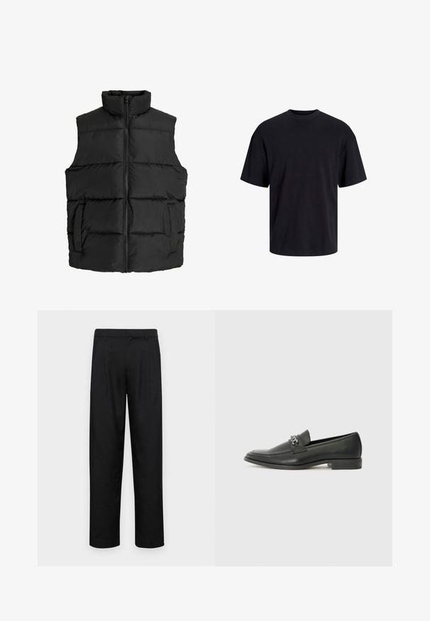 Fekete puffervest magas gallérral, vízszintes steppelésű dizájnnal, elülső cipzárral és oldalsó zsebekkel; sima, könnyű anyag.; Fekete pamut póló, kerek nyakkivágással, rövid ujjú és laza fazonú. Simább anyagú, látható minták vagy díszítések nélkül.; Fekete nadrág sima anyagból, egyenes szárú fazonnal, két elülső redővel és közönséges derékkal, övhurkokkal.; Fekete bőr loaferek sima felülettel, varrott mintával és díszítő fém lánccal a cipő elején. Lapos sarok.