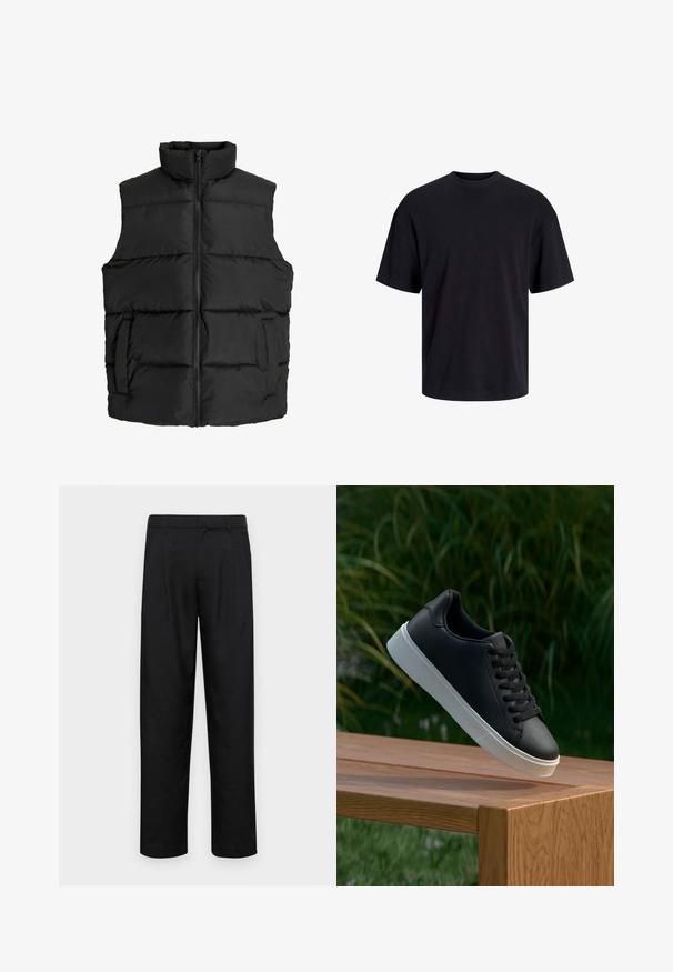 Zwarte gewatteerde vest met hoge kraag, horizontaal gestikte design, rits aan de voorkant en zijzakken; zachte, lichtgewicht stof.; Zwarte katoenen t-shirt met een ronde halslijn, korte mouwen en een relaxte pasvorm. Glad textuur en geen zichtbare patronen of accenten.; Zwarte broeken van gladde stof, met een recht model, twee voorknikken en een standaard tailleband met riemlussen.; Zwarte leren sneaker met een gladde textuur, witte rubberen zool en zes oogjes voor veter, weergegeven op een houten oppervlak.