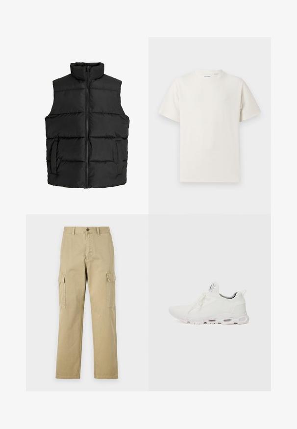 Black puffer vest with a high collar, horizontal quilted design, front zipper, and side pockets; smooth, lightweight fabric.; White short-sleeve T-shirt in a ribbed texture. Round neckline, relaxed fit, no visible patterns or accents. Simple and versatile design.; Beige cargo pants made of cotton, featuring two side pockets, a button closure, and straight legs with a slightly textured fabric.; White athletic shoes featuring a textured knit upper, flat laces, and a cushioned sole with visible air chambers for added support.