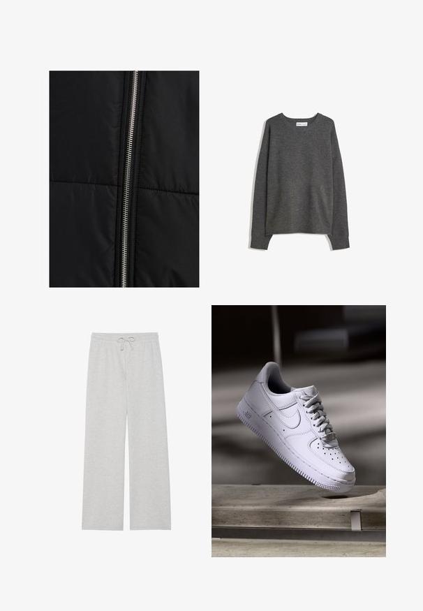 Crna puf jakna s ušivenim uzorkom, koja sadrži istaknuti srebrni zatvarač sa strane. Glatka tkanina s minimalnim dizajnerskim elementima.; Sivi pleteni džemper sa širokim izrezom, dugim rukavima i rebrastim manžetama. Tkanina deluje mekano sa blagom teksturom i opuštenim krojem.; Svijetlosive trenirke od mekanog pamučnog materijala s širokim nogavicama, elastičnom strukom s podesivom vezicom i bez džepova.; Bijela Nike Air Force 1 tenisica lebdi iznad betonske površine s sjenama u minimalističkom okruženju.