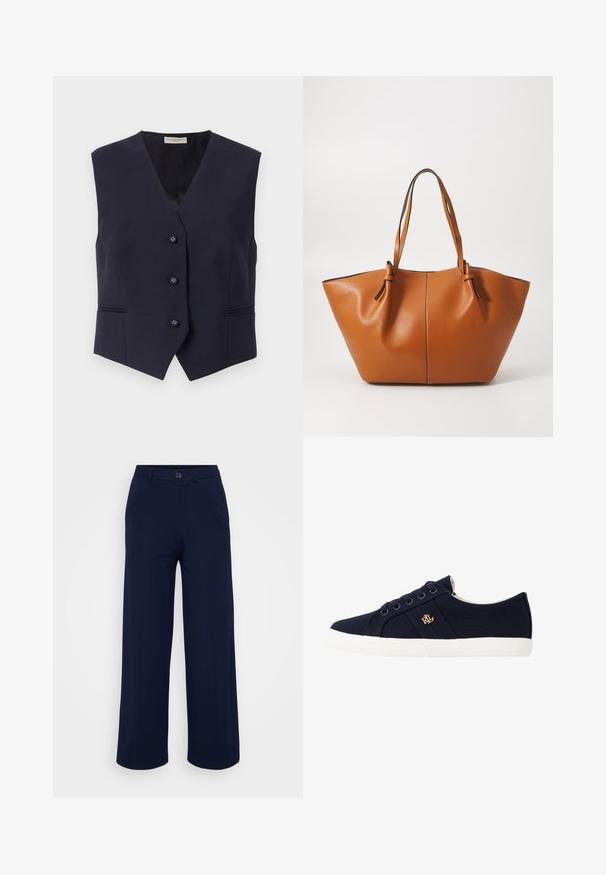 Mornarska bez rukava prsluk od glatke tkanine. Ima duboki V-izrez, pet dugmadi i dva horizontalna džepa s suptilnim šavovima.; Bijela majica bez rukava od teksturirane tkanine. Ima izrezan dekolte i prednji detalj s vezicom s labavim vezanjima. Volanasti rub.; Even&Odd Petite Hlače - dark blue; Lauren Ralph Lauren JANSON II CANVAS SNEAKER - Tenisice - navy; Smeđa kožna torba s širokim, anguliranim oblikom; ima dvije duge ručke i kontrastnu šavove duž rubova.