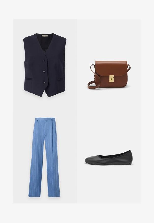 Mornarska brezrokavnik iz gladkega blaga. Ima globok V-izrez, pet gumbov in dve horizontalni žepki s subtilnimi šivnimi detajli.; Bela kratka majica s kratkimi rokavi iz rebrastega materiala. Okrogla ovratnica, običajen kroj in subtilni šivi. Brez vzorcev ali grafik.; Svetlo modre široke hlače z vertikalnimi belimi črtami. Narejene iz gladkega materiala, z sprednjim pregibom in čistim dizajnom pasu.; Črne usnjene balerinke z zaobljenim nosom, gladko teksturo, minimalnimi šivi in fleksibilno zasnovo podplata.; Rjava usnjena torbica s poklopcem, zlato obarvani okovi, naramnica in gladka tekstura. Kompaktna pravokotna oblika.