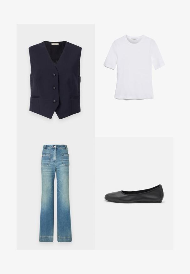Navy sleeveless vest made of smooth fabric. Features a deep V-neck, five buttons, and two horizontal pockets with subtle stitching details.; White short-sleeve t-shirt made of ribbed fabric. Round neckline, regular fit, and subtle stitching details. No patterns or graphics.; Light blue denim flared jeans with five pockets, belt loops, button closure, and a slightly faded texture, featuring a red logo detail on the back.; Black leather ballet flat with a rounded toe, smooth texture, minimal stitching detail, and a flexible sole design.