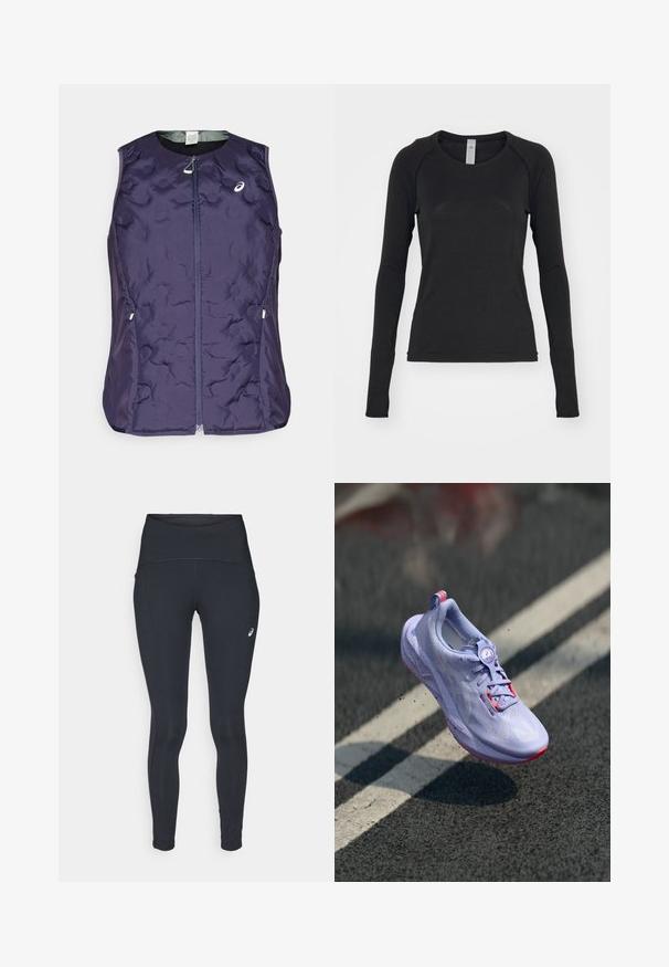 ASICS NAGINO RUN PADDED GILET - Smanicato - indigo fog; Camicia a maniche lunghe nera, realizzata in tessuto morbido. Presenta un collo rotondo e maniche raglan con aperture per il pollice nei polsini. Design minimalista.; ASICS ROAD HIGH WAIST - Leggings invernali - performance black; Scarpa da corsa di colore viola chiaro con una tomaia texturizzata, dettagli rosa, un meccanismo di allacciatura rotondo e una suola maculata, elevata sopra uno sfondo di pavimentazione.