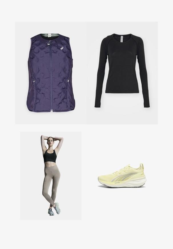 ASICS NAGINO RUN PADDED GILET - Smanicato - indigo fog; Camicia a maniche lunghe nera, realizzata in tessuto morbido. Presenta un collo rotondo e maniche raglan con aperture per il pollice nei polsini. Design minimalista.; Reggiseno sportivo nero e leggings beige a vita alta, con cuciture laterali e dettagli. Il modello indossa scarpe da ginnastica grigio chiaro con suola imbottita.; Scarpa da ginnastica gialla chiara con parte superiore testurizzata, accenti grigi e suola ammortizzata. Presenta un design con lacci e una linguetta sul tallone.