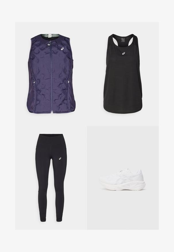 ASICS NAGINO RUN PADDED GILET - Colete - indigo fog; Camisola de treino preta feita de tecido leve. Apresenta um decote redondo, design de alças cruzadas e um pequeno logótipo branco na frente.; ASICS NAGINO RUN - Leggings de corrida - performance black; Sapatilha atlética branca com parte superior em malha respirável e sola acolchoada, apresentando um padrão texturizado e acentos de design minimalista.