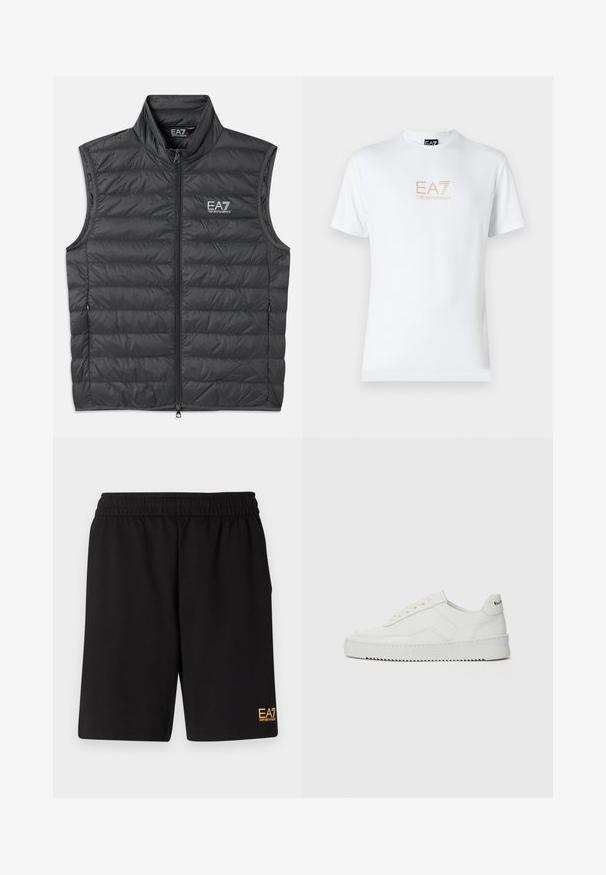 Vest negru căptușit cu guler înalt, fermoar frontal și buzunare laterale. Prezintă cusături orizontale și logo-ul EA7 în partea stângă sus.; Tricou alb din bumbac, cu guler rotund și mâneci scurte, având un logo auriu EA7 Emporio Armani imprimat pe față.; Shorts atletici negri dintr-un material moale, având o talie elastică și un mic logo galben EA7 pe partea inferioară a piciorului stâng.; Sneakers din piele albă cu un finisaj neted, vârf rotund, șireturi plate și o talpă texturată. Prezintă un logo subtil pe călcâi.