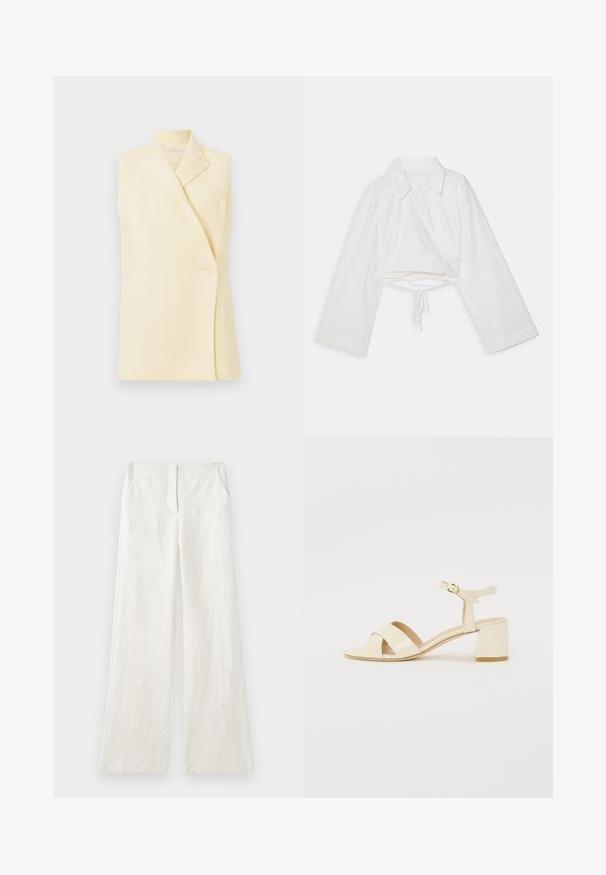 Sacou galben fără mâneci, cu guler cu colțuri, închidere cu un singur nasture și o croială ajustată. Material moale cu o textură fină.; Cămașă albă, scurtă, cu mâneci lungi, guler și design înfășurat. Prezintă o legătură la tiv și o textură de țesătură ușoară și netedă.; Pantaloni largi din in de culoare albă murdară, cu o textură netedă, pliuri frontale și buzunare laterale. Design simplu, fără ornamente.; Sandale cu toc din piele patent bej, cu un design cu curea încrucișată, vârf deschis, curea ajustabilă la gleznă și toc pătrat. Textură netedă.