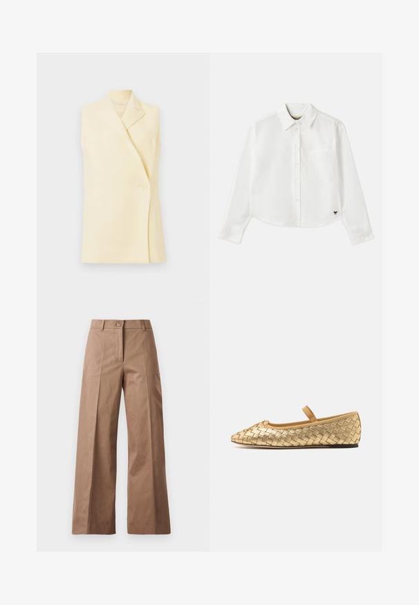 Ärmlös gul blazer med byxkrage, enkel knapplåsning och skräddarsydd passform. Mjuk tyg med en slät yta.; Vit kortärmad skjorta med lång ärm i bomull. Har en knapp-up framsida, en bröstficka och en liten svart logotyp längst ner till vänster.; Bruna vida byxor i ett slätt tyg, med knappstängning fram, två framfickor och rena, skräddarsydda linjer.; Loeffler Randall LEONIE SOFT BALLET FLAT - Ballerinaskor med remmar - gold