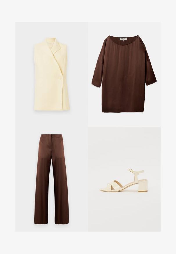 Bezrukávý žlutý blejzr s klopovým límcem, zapínáním na jeden knoflík a šitým střihem. Měkká tkanina s hladkou strukturou.; Hnědá, volná blůza s širokým lodičkovým výstřihem a tříčtvrtečními rukávy, vyrobená z hladkého, strukturovaného materiálu. Vrchní část má jemné vrásky.; Hnědé široké kalhoty z hladké, lehké tkaniny, s plochým předním dílem, bez kapes a se přímým střihem.; Beige lakované sandály na podpatku s křížovými pásky, otevřenou špičkou, nastavitelními nártními pásky a blokovým podpatkem. Hladký povrch.