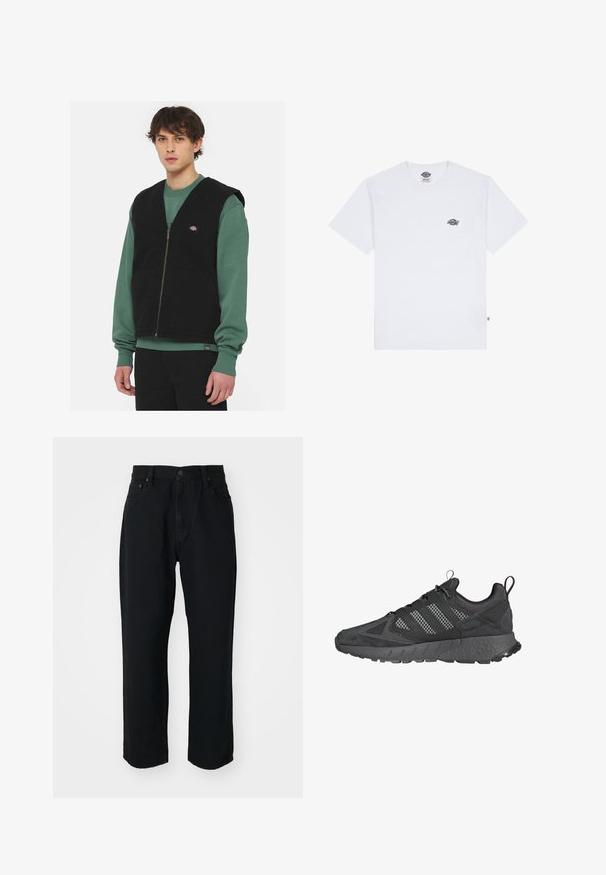 Schwarze Denim-Weste mit Reißverschluss, zwei Fronttaschen und einem Logopatch. Getragen über einem grünen Sweatshirt mit Rundhalsausschnitt und langen Ärmeln.; Weißes Baumwoll-T-Shirt mit kurzen Ärmeln, das ein kleines schwarzes Logo auf der Brust und ein Etikett in der unteren linken Ecke aufweist.; Schwarze Denim-Jeans mit geradem Schnitt, leichtem Material, fünf Taschen und Knopfverschluss an der Taille.; Schwarze Sportschuhe mit Obermaterial aus Mesh und Wildleder, strukturierten Gummisohlen, gepolsterter Schuhkragen und markantem grauen Drei-Streifen-Design.