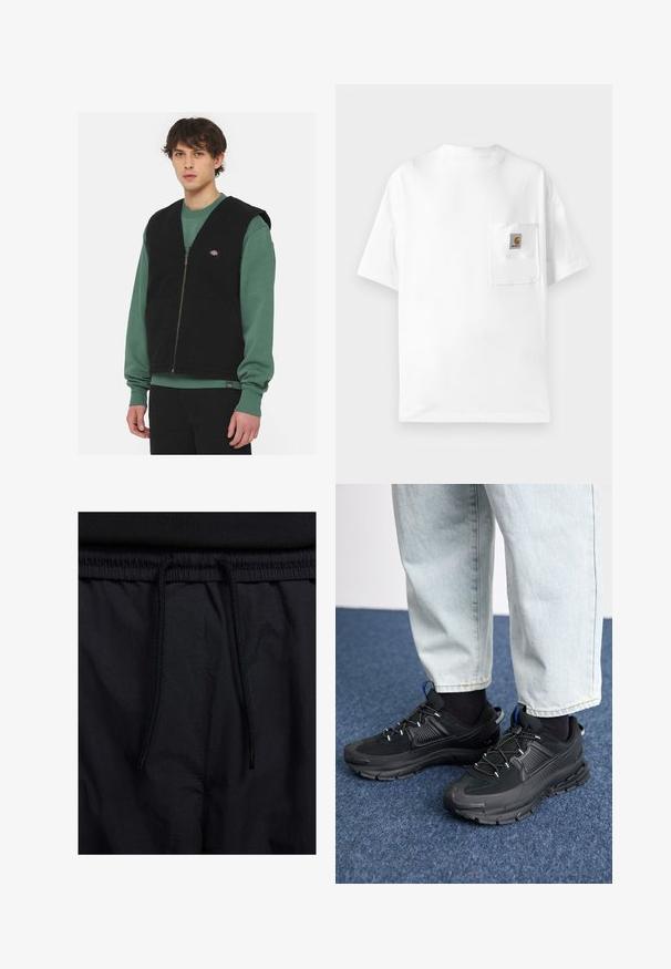 Mustat farkkupaita vetoketjukiinnityksellä, kaksi etutaskua ja logopatch. Puettu päälle vihreän collegepaidan kanssa, jossa on pyöreä pääntie ja pitkät hihat.; Valkoinen puuvillapaita, jossa on pyöreä kaula-aukko, lyhyet hihat ja rintatasku, jossa on logopainatusta. Minimalistinen muotoilu ja saumatonta pintaa.; Mustat shortsit, joissa on naru vyötäröllä, kevyestä kankaasta valmistettu, sileä tekstuuri ja yksinkertainen muotoilu ilman näkyviä logoja tai kuvioita.; Mustat urheilukengät, joissa on teksturoitu kangas ja kumipohjat, elastiset nauhat ja sininen yksityiskohta kannassa. Yhdistetty vaaleisiin farkkuihin.