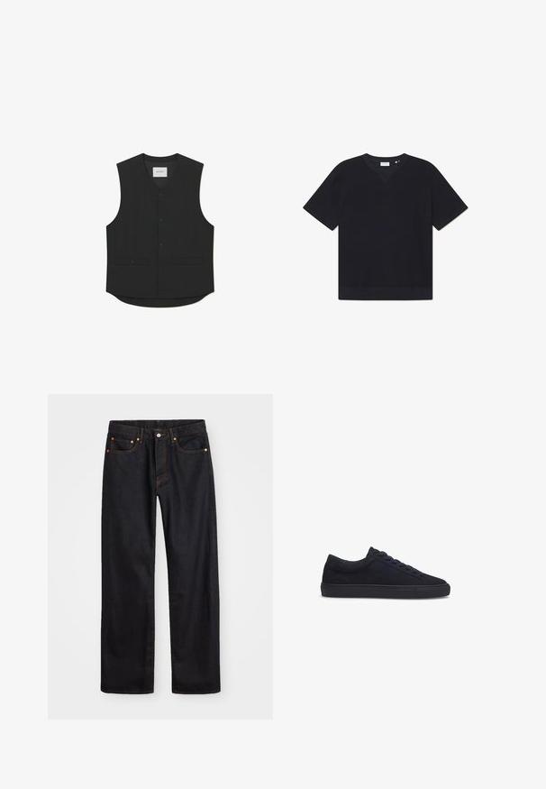 Black sleeveless vest made of smooth fabric featuring a button-down front, two front pockets, and a rounded hem design. Brand label visible.; Black short-sleeve t-shirt made from textured material, featuring a round neckline and a straight hem. No visible patterns or accents.; Men’s straight-leg black denim jeans with five pockets and orange stitching, button and zip closure on front waistband.; Les Deux TEDDY - Trainers - dark navy